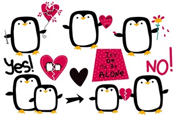 Anti valentines hearts singles day and penguin set for wrapping paper and stickers and party accessories - obrazy, fototapety, plakaty