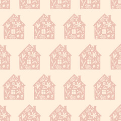 Hand drawn funny doodle cartoon stylized houses flowers Decorative silhouette house seamless pattern