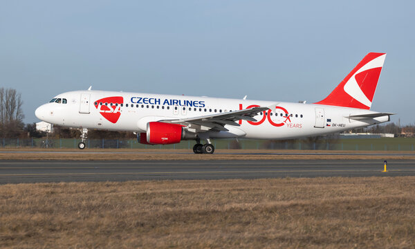 PRAGUE - December 27, 2023: Czech Airlines (100 Years Livery) Airbus A320-214 REG: OK-HEU at Vaclav Havel Airport Prague. From Prague to Paris.Czech Airlines is the flag carrier of the Czech Republic.