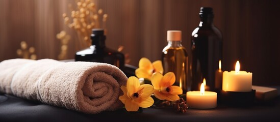 Obraz na płótnie Canvas massage spa equipment, beauty treatment center on the table, spa towel equipment