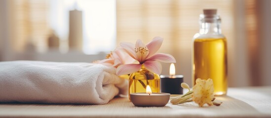 Fototapeta na wymiar massage spa equipment, beauty treatment center on the table, spa towel equipment
