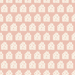 Hand drawn funny doodle cartoon stylized houses flowers Decorative silhouette house seamless pattern