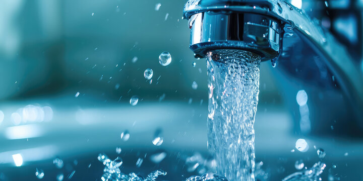 Close-up Of Water Flowing From Chrome Faucet. Crystal Clear Water Streaming From A Modern Tap With Mousseur, Copy Space.