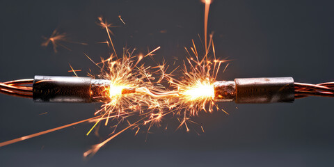 Electric Spark Between Two Bare Wires. A captivating close-up of electric spark igniting between twisted bare copper wires on a simple grey background with copy space. - obrazy, fototapety, plakaty