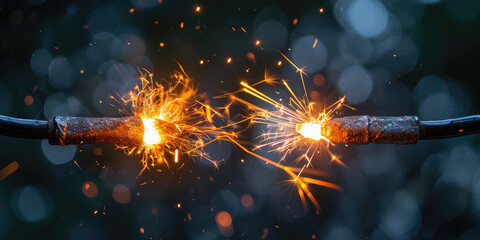 Electric Spark Between Two Bare Wires. A captivating close-up of electric spark igniting between...