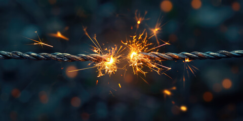 Electric Spark Between Two Bare Wires. A captivating close-up of electric spark igniting between twisted bare copper wires on a simple background with copy space. - obrazy, fototapety, plakaty