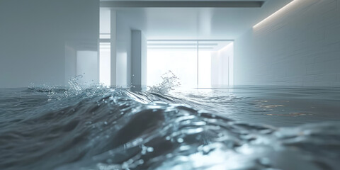 Indoor Flood with Water Splash in living room. Water spilling onto a flooded home floor from the ceiling, creating a dynamic splash, symbolizing property damage. - obrazy, fototapety, plakaty