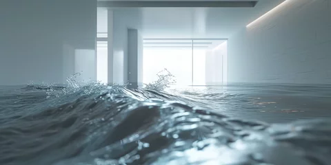 Foto op Aluminium Indoor Flood with Water Splash in living room. Water spilling onto a flooded home floor from the ceiling, creating a dynamic splash, symbolizing property damage. © dinastya