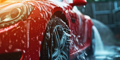 Sudsy Car Wash. Close-up of a car covered in soap suds during a wash with street in the background. - obrazy, fototapety, plakaty