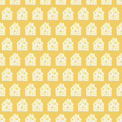 Hand drawn funny doodle cartoon stylized houses flowers Decorative silhouette house seamless pattern