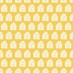 Hand drawn funny doodle cartoon stylized houses flowers Decorative silhouette house seamless pattern