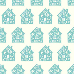 Hand drawn funny doodle cartoon stylized houses flowers Decorative silhouette house seamless pattern - 710165321