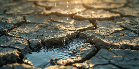 Obraz premium Water Droplet in a puddle on Cracked Earth. A single water droplet falls onto parched, cracked soil, highlighting scarcity and the need for conservation.