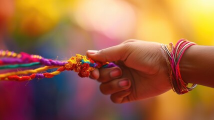 Hand gripping a colorful, textured rakhi with a bokeh background