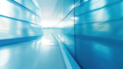 Abstract view of a curved glass corridor in blue tones