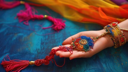 Naklejka premium Vibrant rakhi held in a hand against colorful textiles