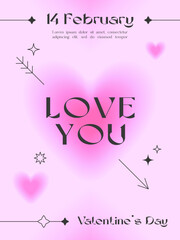 Valentines Day greeting template in 90s style.Romantic vector illustration in y2k aesthetic with linear shapes,blurred hearts,arrow,sparkles.Modern poster for smm,invitations,prints,promo offers