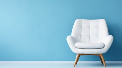 Modern white velour chair on wooden legs isolated on blue background copy space. AI generated image - Powered by Adobe