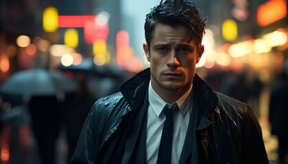 Fototapeta premium Confident businessman in the city, rain soaked and elegant generated by AI