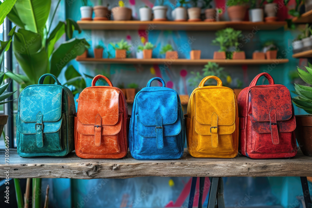 Wall mural Row of colorful backpacks in a classroom full of plants