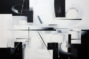 Monochromatic abstract art with contrasting black and white strokes, white and black background
