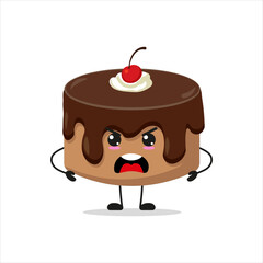 Cute furious chocolate cake. Temperament dessert cartoon emoticon in flat style. bakery vector illustration