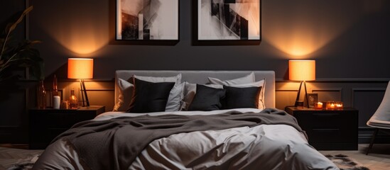 Real photo of a cozy bed with ginger bedding, gray blanket, and pillows in a dark bedroom with black bedside tables, watercolor posters, and elegant decorations.