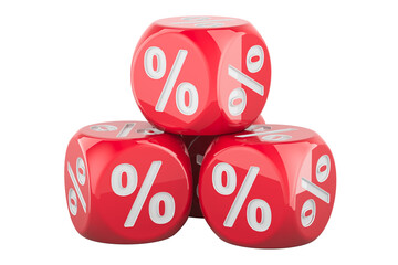 Red Discount Cubes, dice with percent signs. 3D rendering isolated on transparent background