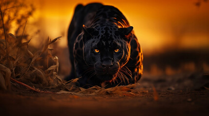 Black jaguar at sunset.
