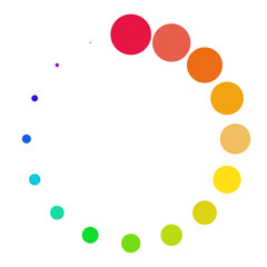 Circle of color palette icon that are arranged around each other in a circle on white background. Indicator for loading progress. Seamless loopin