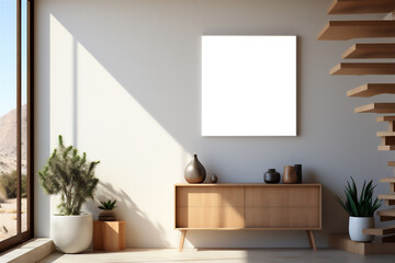 A blank canvas mockup on wall, living space with natural light