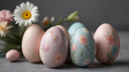 Fototapeta na wymiar Pastel Easter eggs and flowers on gray background, copy space