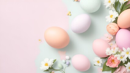Pastel Easter eggs and flowers on peach background, copy space