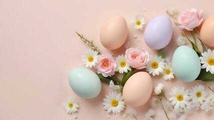 Naklejka na ściany i meble Pastel Easter eggs and flowers on peach background, copy space