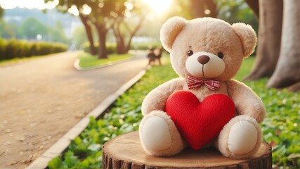 Teddy bear and a heart shaped balloon on park background