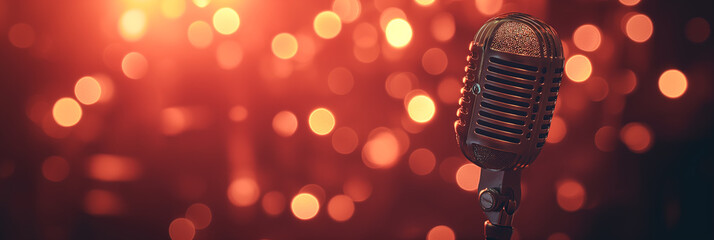 Retro microphone on a blurred background. copy space. concept for a vocal lesson commercial. evening blurred lights on the banner