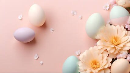 Obraz na płótnie Canvas Pastel Easter eggs and flowers on peach background, copy space
