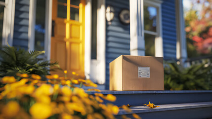 Online shopping delivery service concept. Cardboard parcel box delivered to the front door. Package near front door. - obrazy, fototapety, plakaty