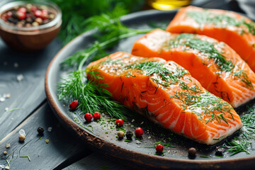 Fresh raw salmon fish fillet with cooking ingredients, herbs and lemon. Generative AI