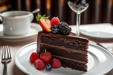 Slice of chocolate cake served on an elegant dinner table. Generative AI
