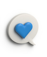 3D illustration speech bubble with 3D blue heart. Love communication and message concept.