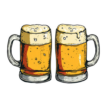 Illustration of two tall glasses of beer with frothy tops, ready for a festive toast.