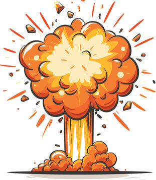 Cartoon style massive explosion with fiery clouds and flying debris. Orange and yellow comic book explosion effect. Dynamic blast, shockwave concept vector illustration.