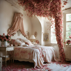 The inside of a softly lit bedroom adorned with roses, hearts, and tables in celebration of Valentines Day,