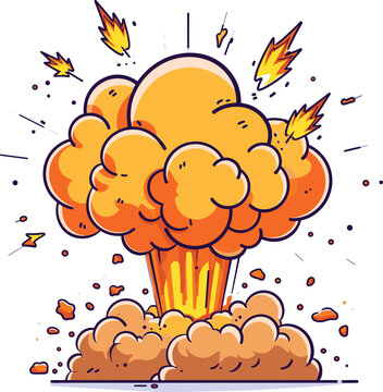 Colorful cartoon explosion with flames and sparks. Bright comic book style blast effect. Dynamic energy burst vector illustration.