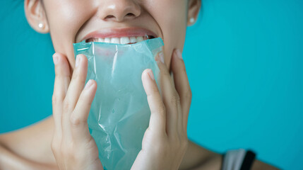 A person holding an ice pack to a bruised jaw. Copy Space - obrazy, fototapety, plakaty