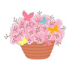 Spring flowers in basket isolated in flat cartoon design. Beautiful blooming bouquet with soft pink plants and twigs and flying butterflies for springtime. Vector illustration isolated composition