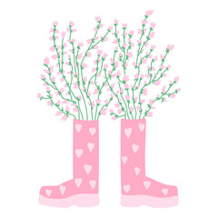 Spring rubber boots with flowers isolated in flat cartoon design. Beautiful soft blooming wildflower twigs in cute pink waterproof shoe. Springtime romantic bouquet. Vector illustration isolated