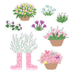 Spring flowers and bouquets isolated set in flat cartoon design. Bundle of tulips, twigs and leaves in basket, pink blooms in rubber boots, violet, crocus, scilla, lily. Vector illustration isolated