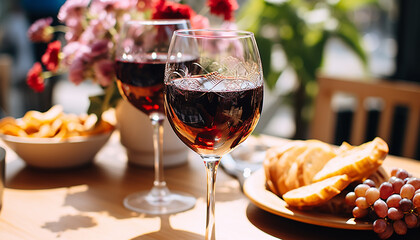 Naklejka premium Wine, food, drink, table, gourmet, grape, drinking glass generated by AI